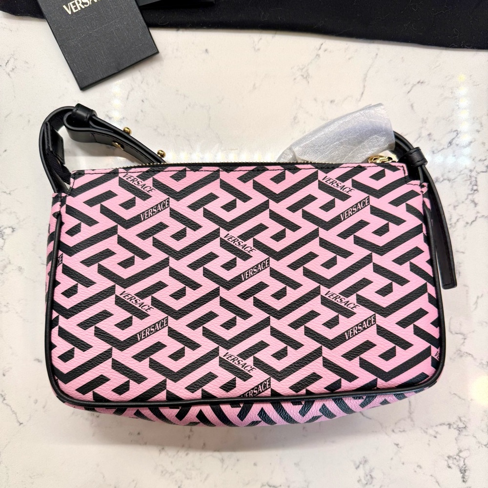 Versace La Greca Signature Shoulder Bag Pink Black Canvas Gold Metal Authentic - Picture 11 of 16